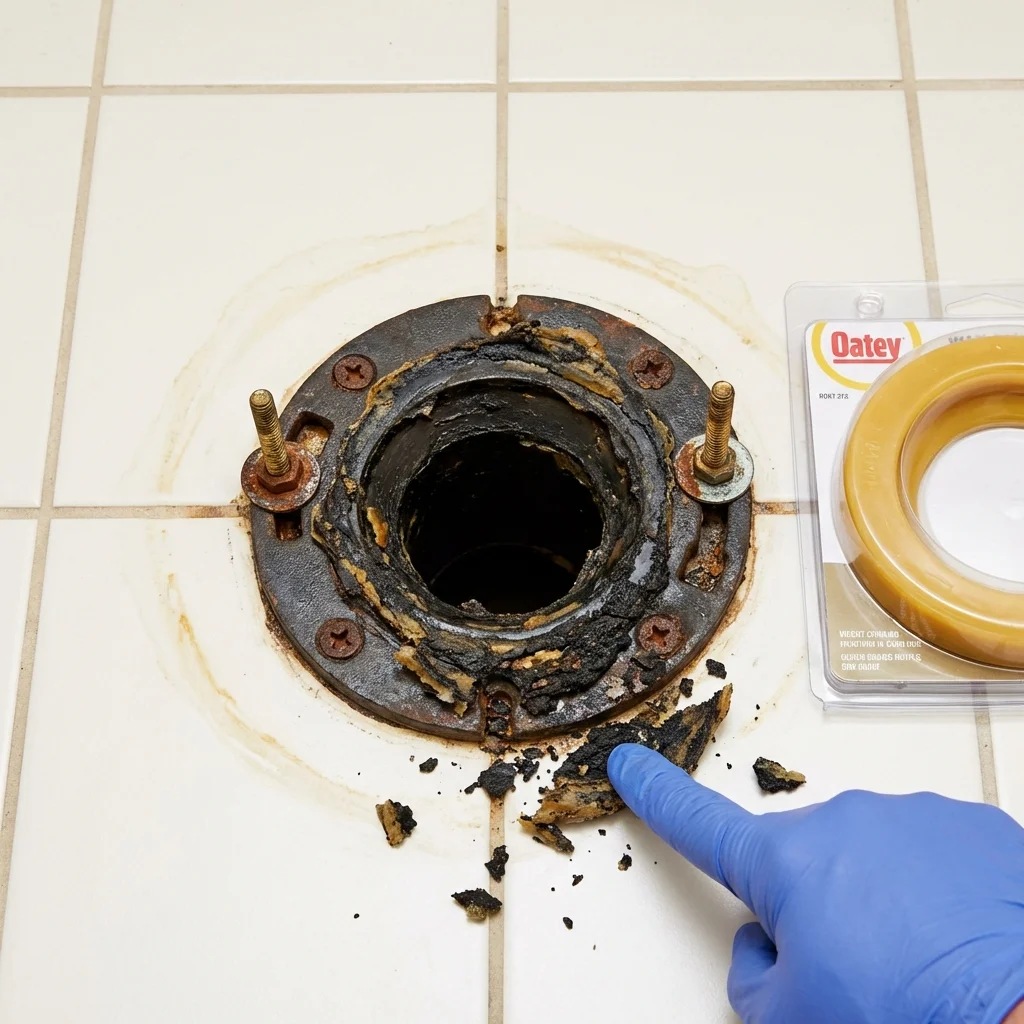 Failed wax ring showing water seepage at the base of a toilet in a Princeton, IL home